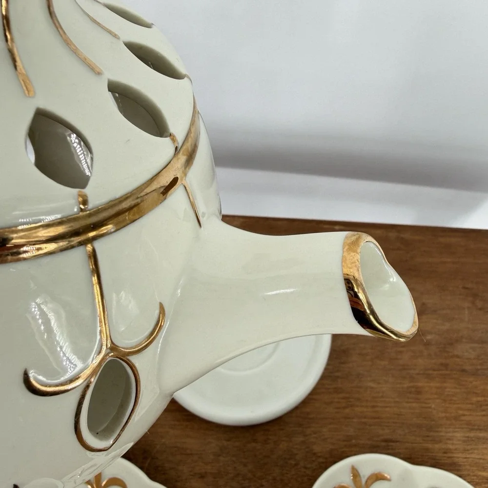 VTG 90s PartyLite Tea For Two Candle Holder Porcelain Teapot 2 Saucers Gold Trim - Picture 4 of 14